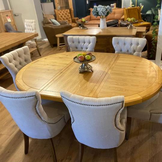 Oak Round Extension Dining Table 125cm + 6 York Linen Dining Chairs Set